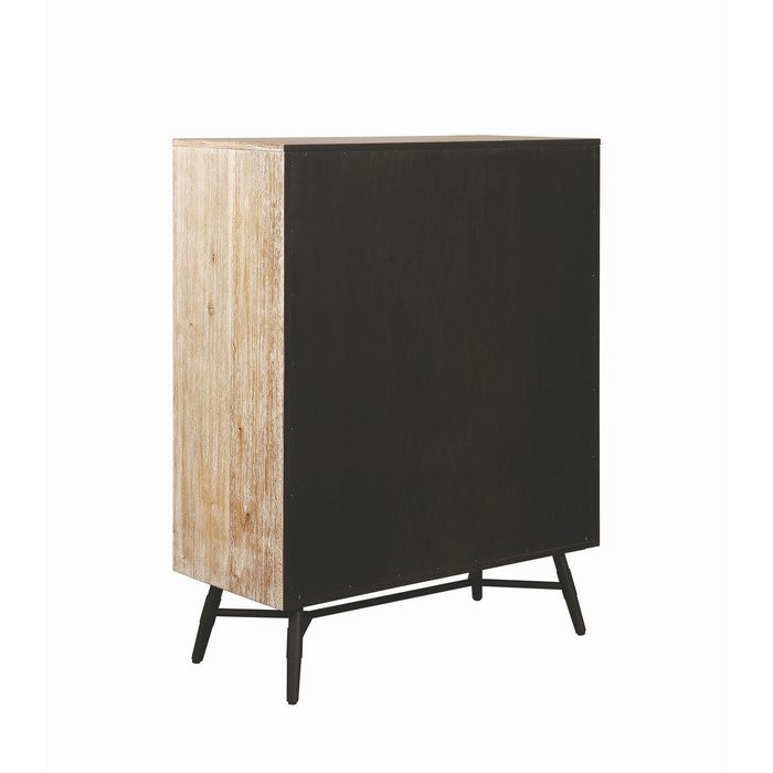 Five Drawer Wooden Dresser with Metal Angled Legs, Brown and Black