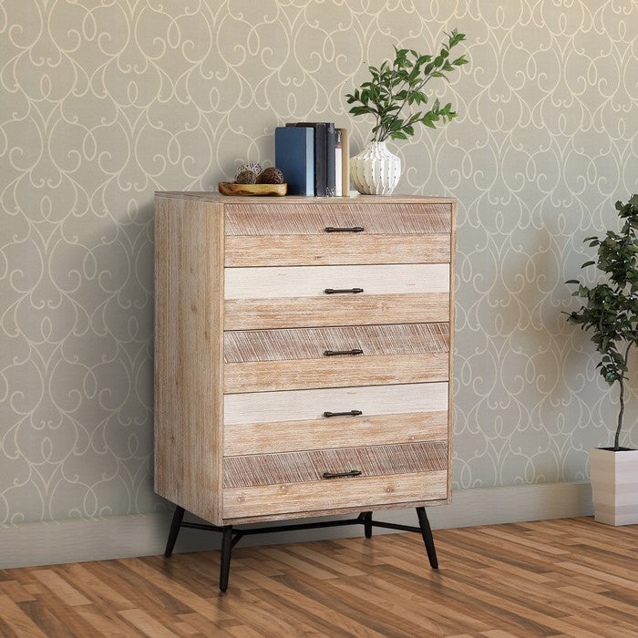Five Drawer Wooden Dresser with Metal Angled Legs, Brown and Black