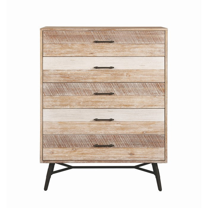 Five Drawer Wooden Dresser with Metal Angled Legs, Brown and Black