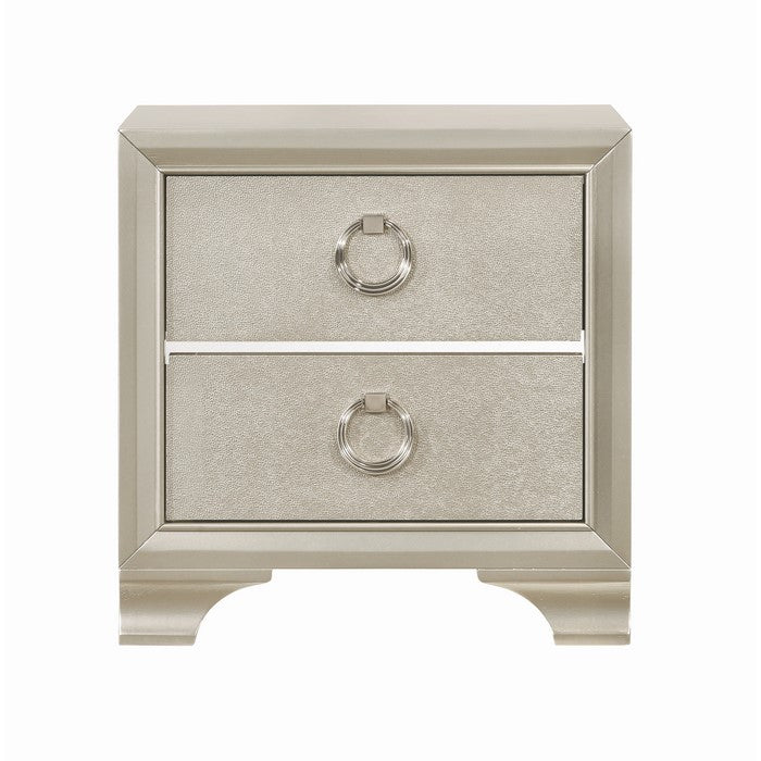 Two Drawers Wooden Nightstand with Oversized Ring Handles, Silver