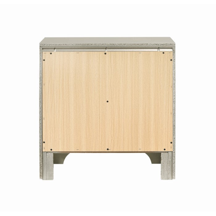 Two Drawers Wooden Nightstand with Oversized Ring Handles, Silver