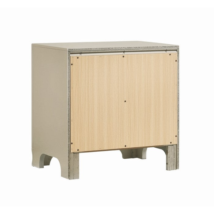 Two Drawers Wooden Nightstand with Oversized Ring Handles, Silver