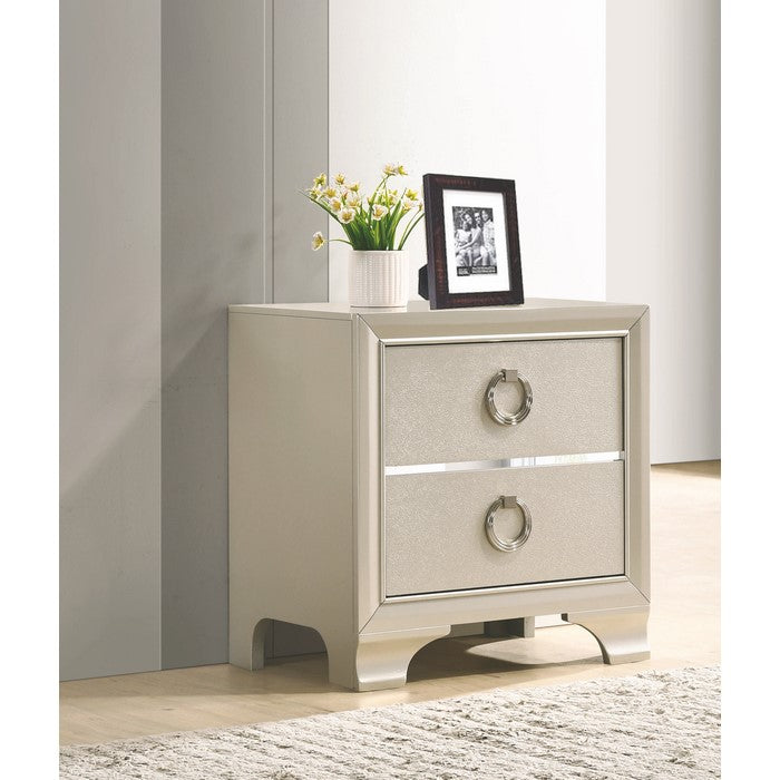 Two Drawers Wooden Nightstand with Oversized Ring Handles, Silver