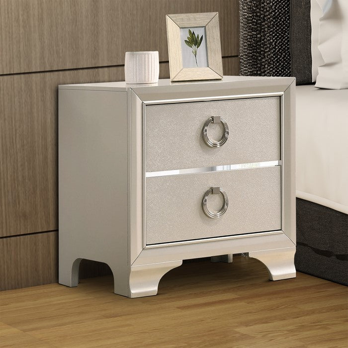 Two Drawers Wooden Nightstand with Oversized Ring Handles, Silver