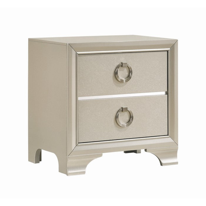 Two Drawers Wooden Nightstand with Oversized Ring Handles, Silver