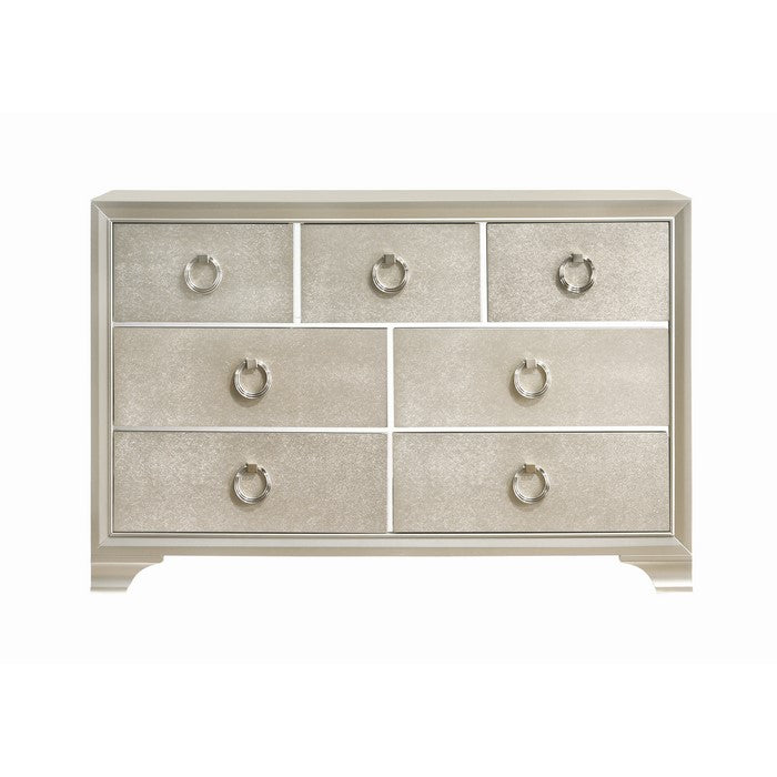 Seven Drawers Wooden Dresser with Oversized Ring Handles, Silver