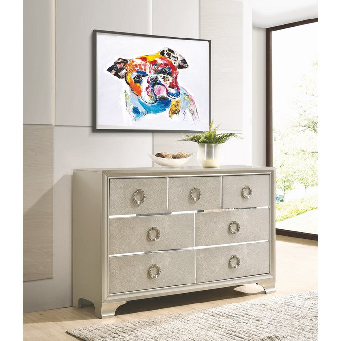 Seven Drawers Wooden Dresser with Oversized Ring Handles, Silver