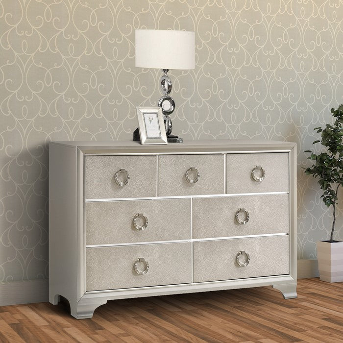 Seven Drawers Wooden Dresser with Oversized Ring Handles, Silver