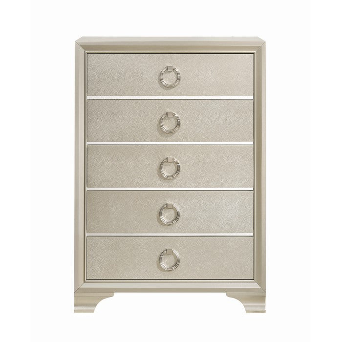 Five Drawers Wooden Dresser with Oversized Ring Handles, Silver