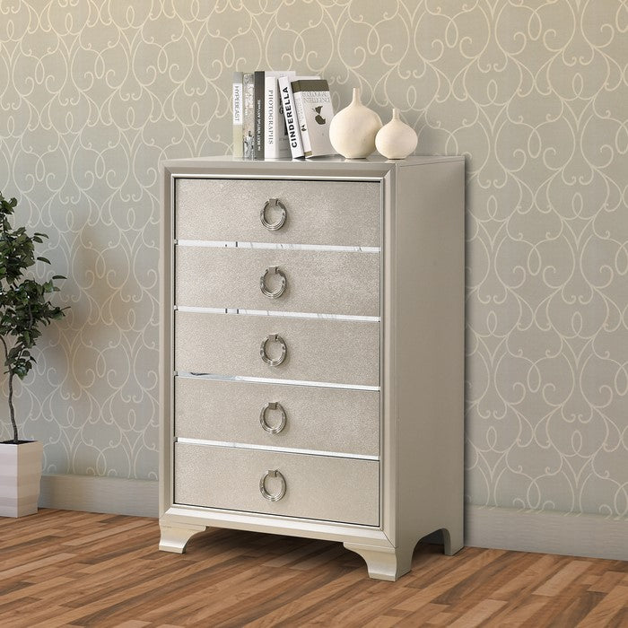 Five Drawers Wooden Dresser with Oversized Ring Handles, Silver