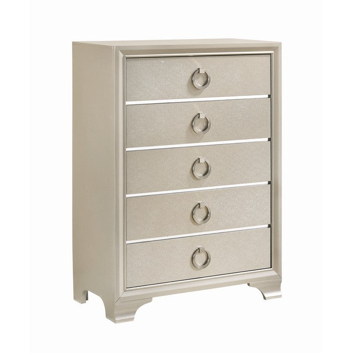 Five Drawers Wooden Dresser with Oversized Ring Handles, Silver