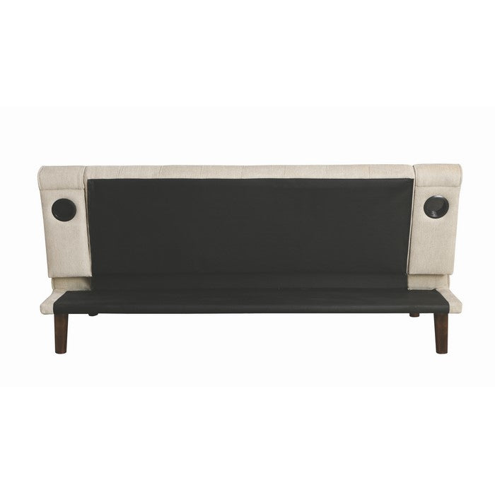 Chenille Upholstered Wooden Sofa Bed with Discreetly Tufted Details, Beige and Brown