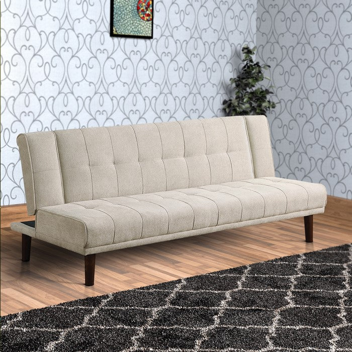 Chenille Upholstered Wooden Sofa Bed with Discreetly Tufted Details, Beige and Brown
