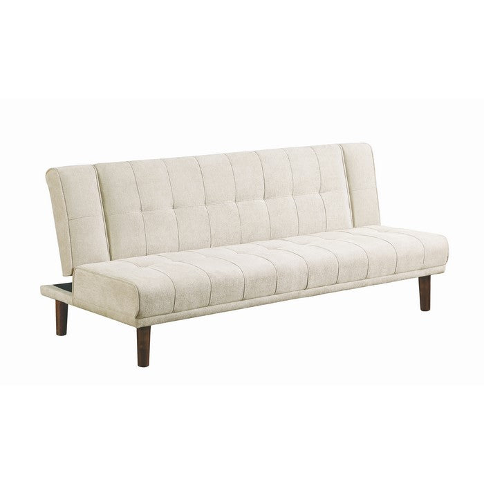 Chenille Upholstered Wooden Sofa Bed with Discreetly Tufted Details, Beige and Brown