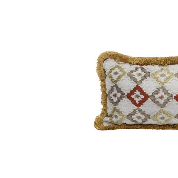 Woven Fabric Accent Pillow in Diamond Pattern and Fringed Welting Details, Multicolor