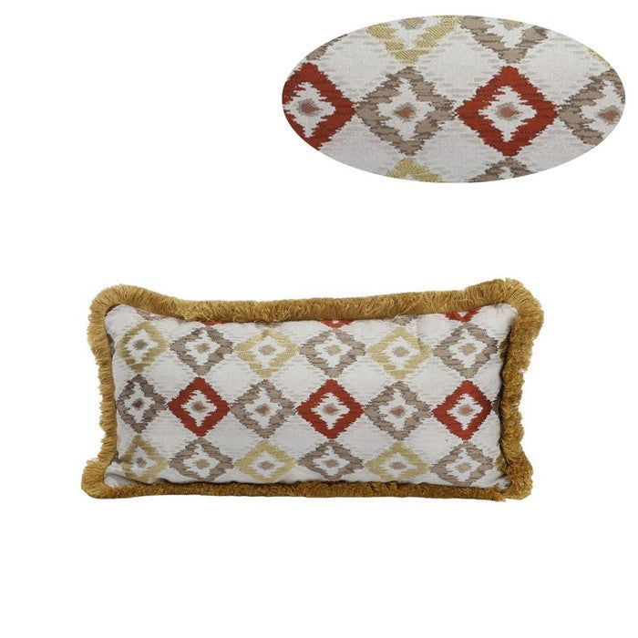 Woven Fabric Accent Pillow in Diamond Pattern and Fringed Welting Details, Multicolor