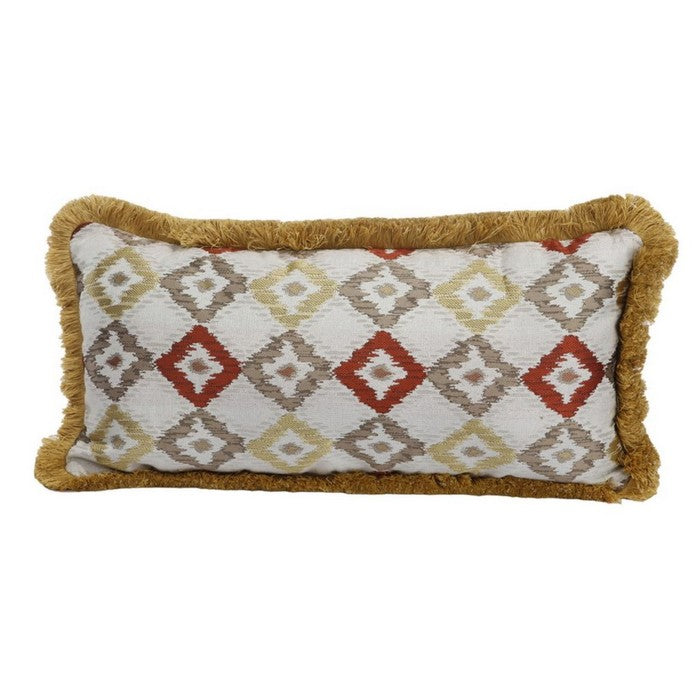 Woven Fabric Accent Pillow in Diamond Pattern and Fringed Welting Details, Multicolor