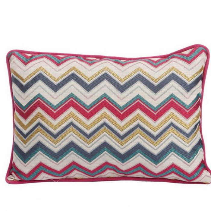Woven Fabric Rectangular Accent Pillow in Zigzag Pattern and Welting Details, Multicolor