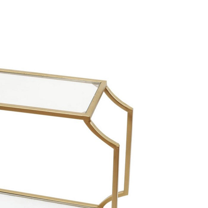 Metal Wall Shelf with Two Glass Shelves and Smooth Chamferedecorners, Gold and Clear