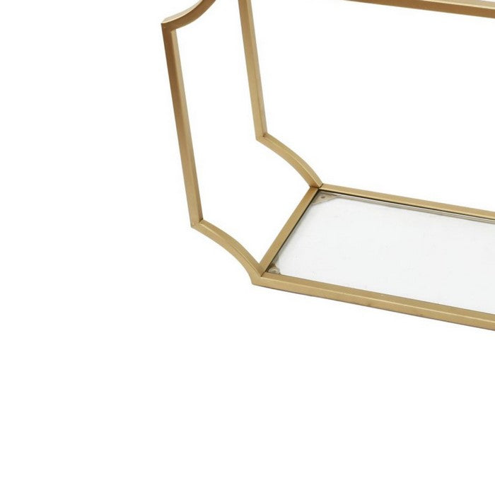 Metal Wall Shelf with Two Glass Shelves and Smooth Chamferedecorners, Gold and Clear