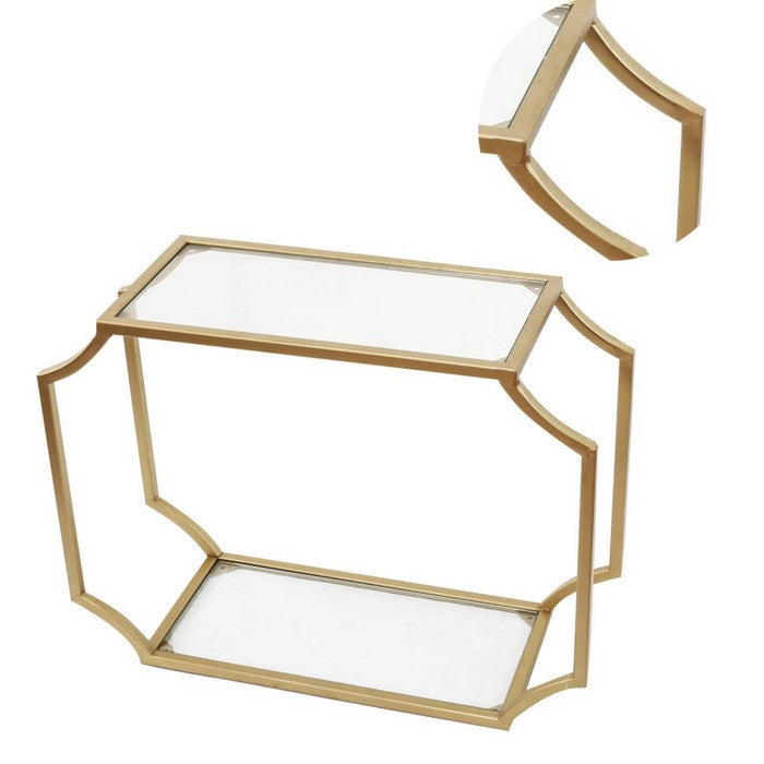 Metal Wall Shelf with Two Glass Shelves and Smooth Chamferedecorners, Gold and Clear