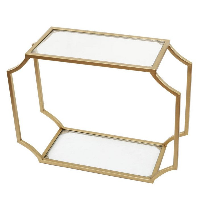 Metal Wall Shelf with Two Glass Shelves and Smooth Chamferedecorners, Gold and Clear