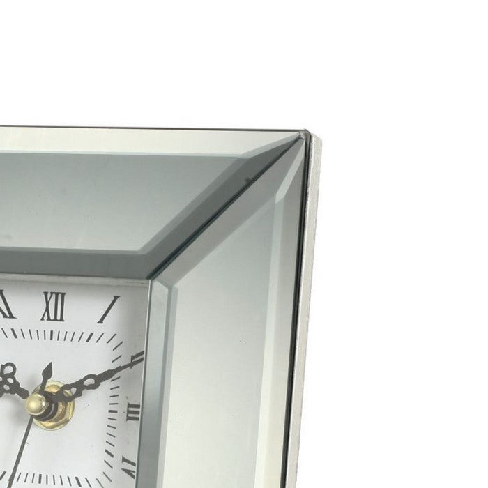 Beveled Glass Clock with Roman Numerals and Wooden Base, Clear and White