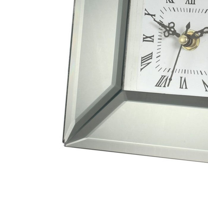 Beveled Glass Clock with Roman Numerals and Wooden Base, Clear and White