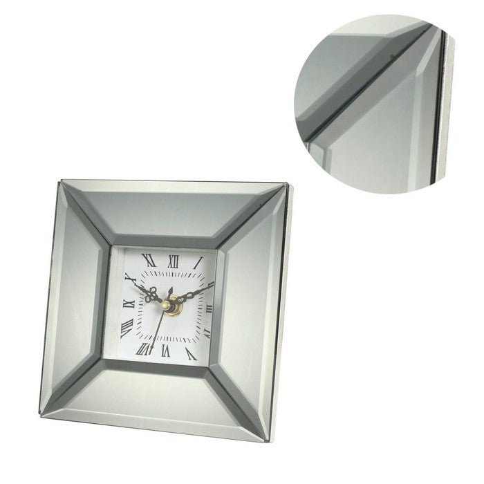 Beveled Glass Clock with Roman Numerals and Wooden Base, Clear and White