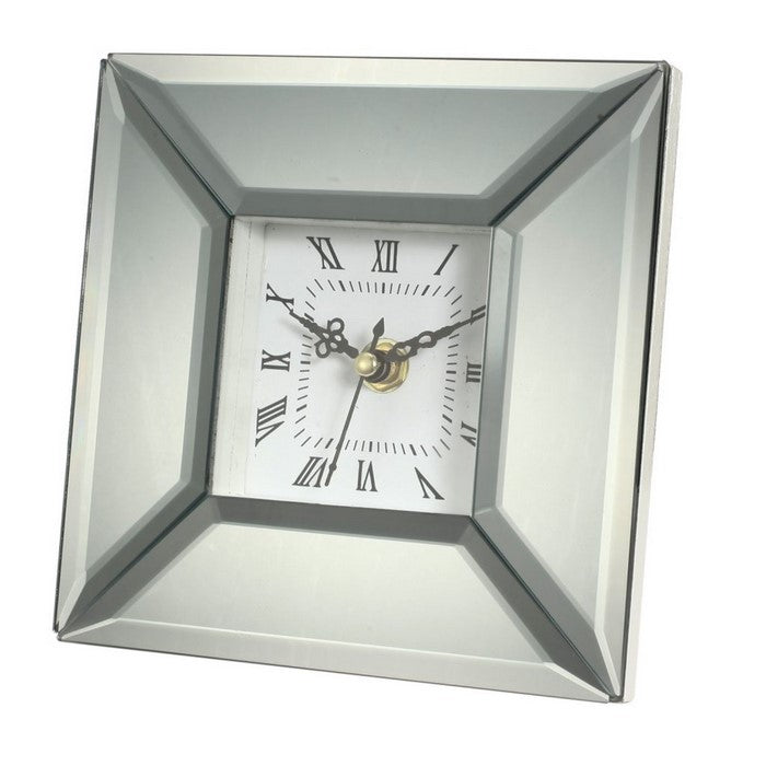 Beveled Glass Clock with Roman Numerals and Wooden Base, Clear and White