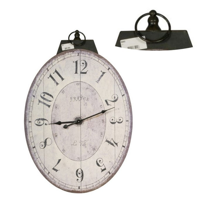 Distressed Oval Shape Wooden Wall Clock with Ring Hanger,  White and Black