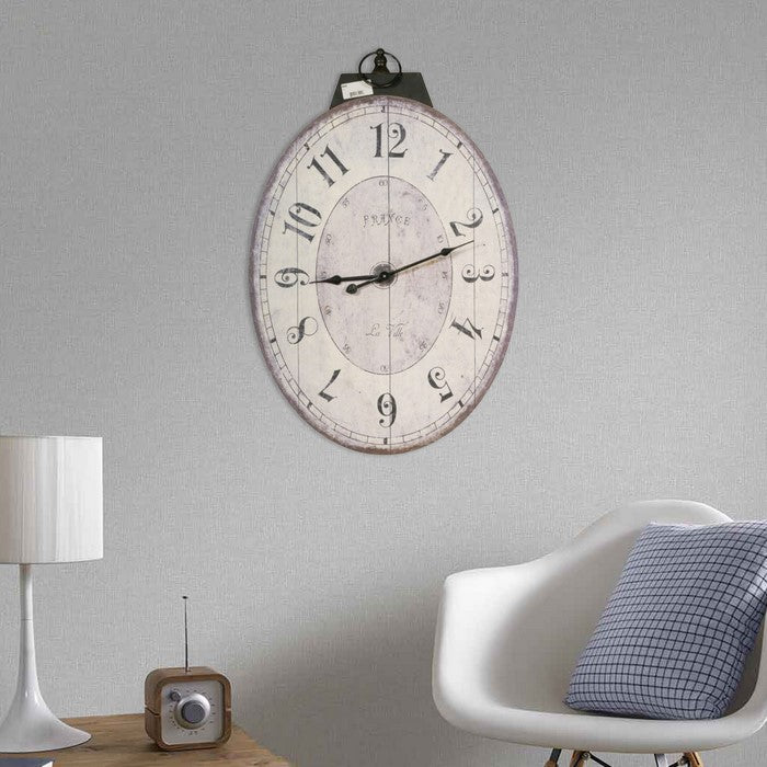 Distressed Oval Shape Wooden Wall Clock with Ring Hanger,  White and Black
