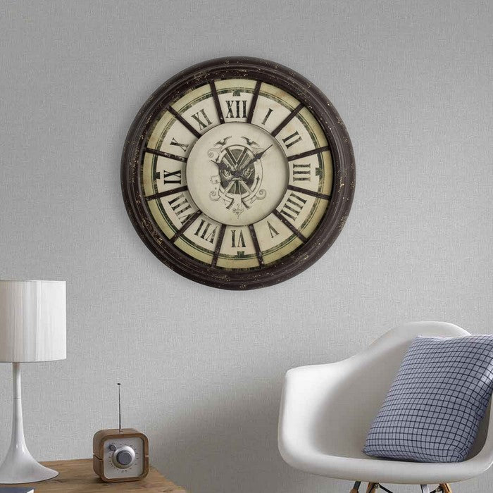 Oversized Wood and Metal Wall Clock with Distressed Details, Antique Gray and Cream