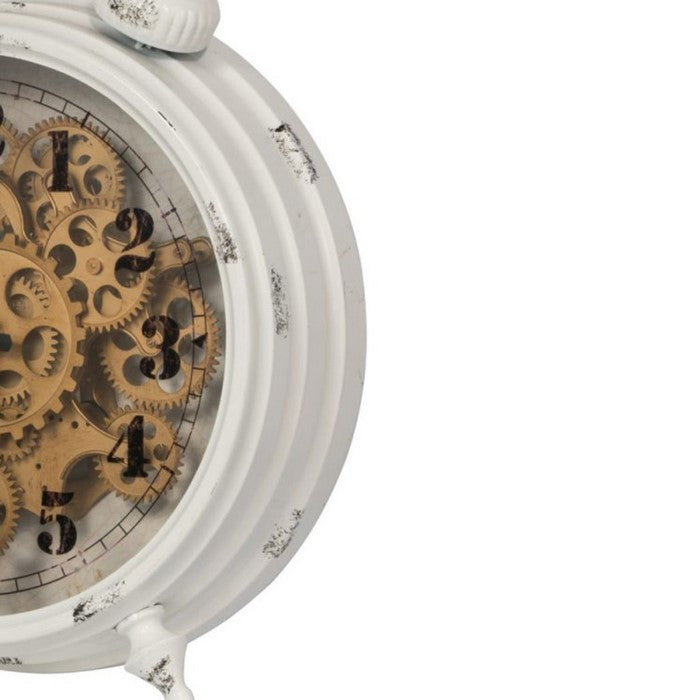 Classic Metal Table Clock with Gears Front and Distressed Details, White and Gold