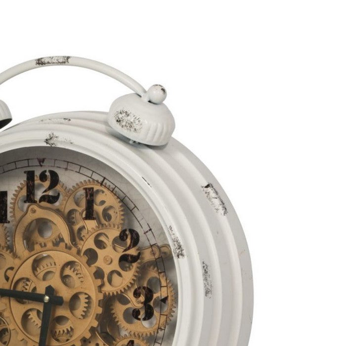 Classic Metal Table Clock with Gears Front and Distressed Details, White and Gold