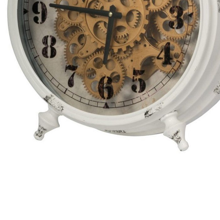 Classic Metal Table Clock with Gears Front and Distressed Details, White and Gold