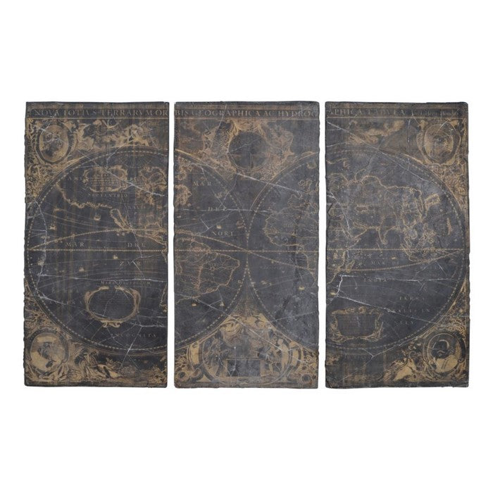 Old Style 3 Piece Magnesia Wall Panels with Geographical Print, Brown and Black