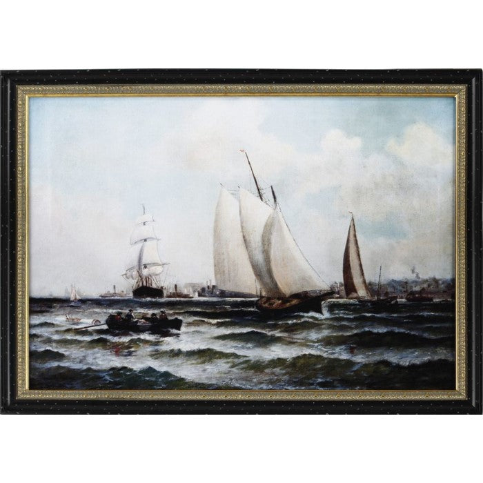 Old Style Digital New York Harbor Wall Art with Wooden Framing, Multicolor