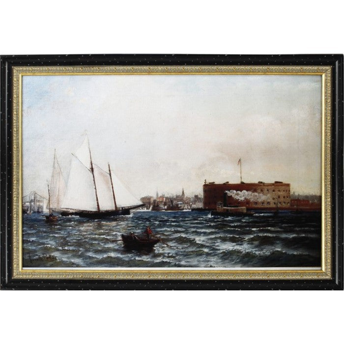 Wooden Framed Digital Wall Art of Castle William Governors Island New York, Multicolor