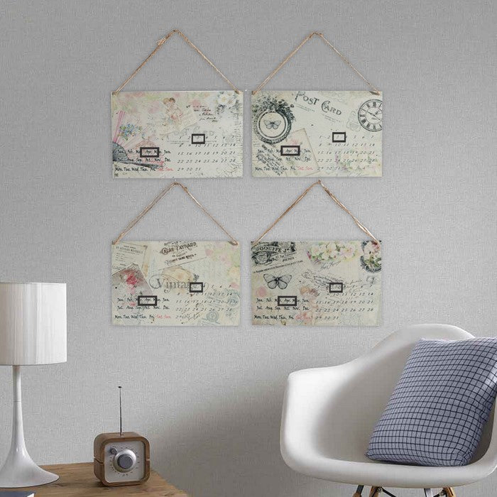 4 Piece Postcard Style Metal Calendar WallDecor Set with Rope Hanger, Multicolor