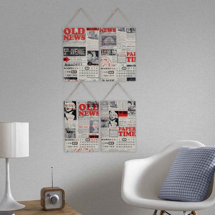 4 Piece Newspaper Themed Calendar WallDecor Set in Metal, Multicolor