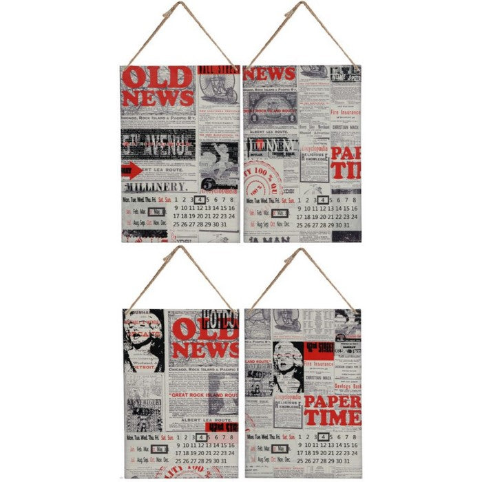 4 Piece Newspaper Themed Calendar WallDecor Set in Metal, Multicolor