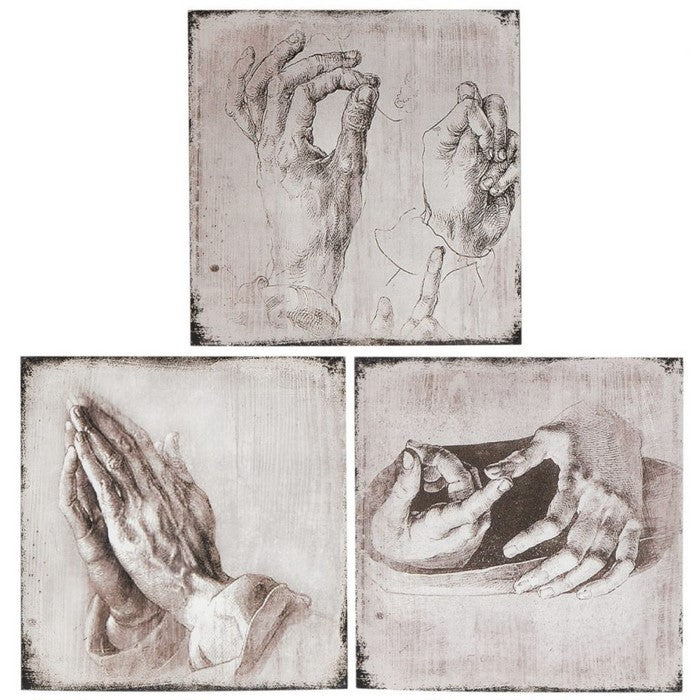 Unique 3 Piece Hand Studies Wooden Wall Art Set, Distressed White and Gray