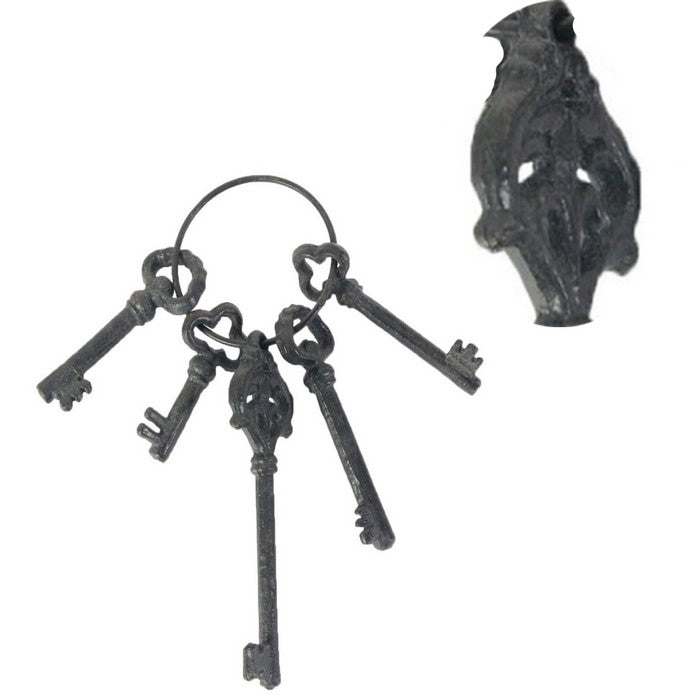 decorative Set of 5 Antique Skeleton Keys on a Ring, Silver