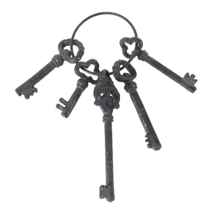 decorative Set of 5 Antique Skeleton Keys on a Ring, Silver