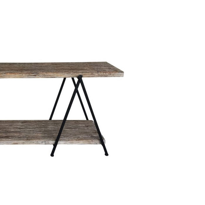 Rectangular Console Table with Bottom Shelf and V Shaped Iron Legs, Brown and Black