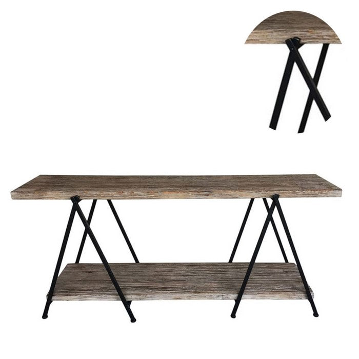 Rectangular Console Table with Bottom Shelf and V Shaped Iron Legs, Brown and Black