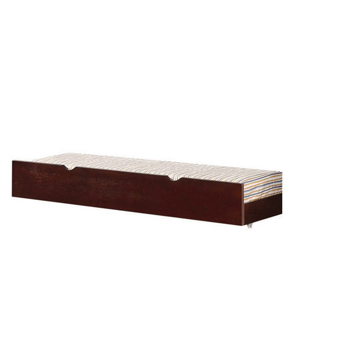 Transitional Style Twin Size Wooden Trundle with Cutout Handle, Cherry Brown