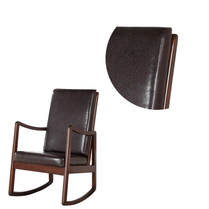 Wooden Framed Rocking Chair with Leatherette Cushioned Seat and Back, Brown