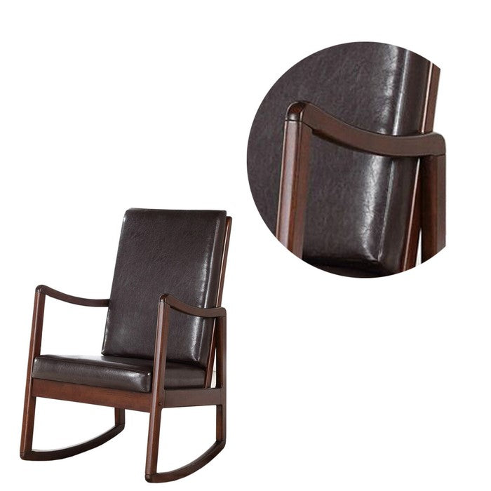 Wooden Framed Rocking Chair with Leatherette Cushioned Seat and Back, Brown